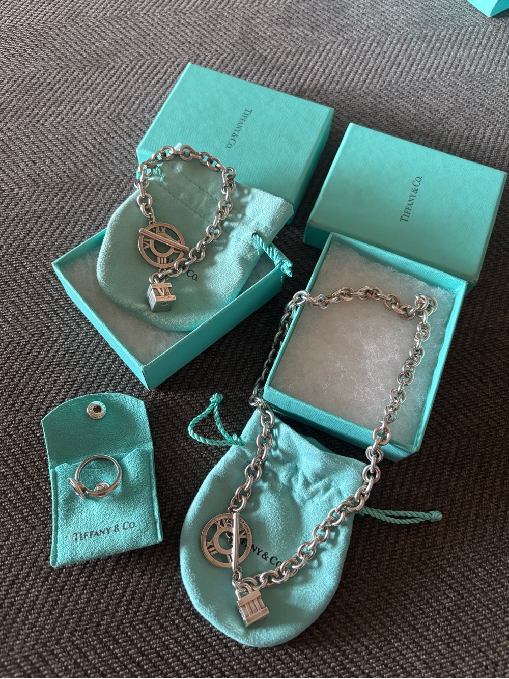 Tiffany & Co. Silver atlasToggle locks Charms Bracelet  & Necklace  ring sz 7